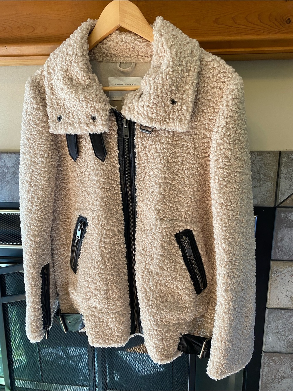 Zara Cream Teddy Sherpa Biker Jacket with Black Trim